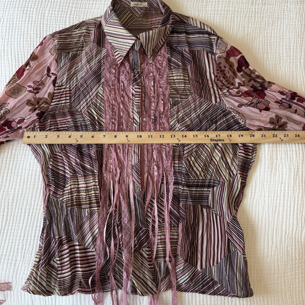 Jaipur Y2K ButtonUp Satin Fairy Crinkle Blouse Top Lace Pink Women XL VTG Whimsy - Picture 6 of 8